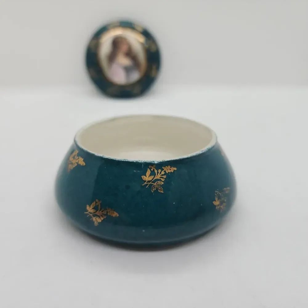 Vintage Portrait Lady Vanity Jar Blue Porcelain Trinket Dresser Box Gold Decor